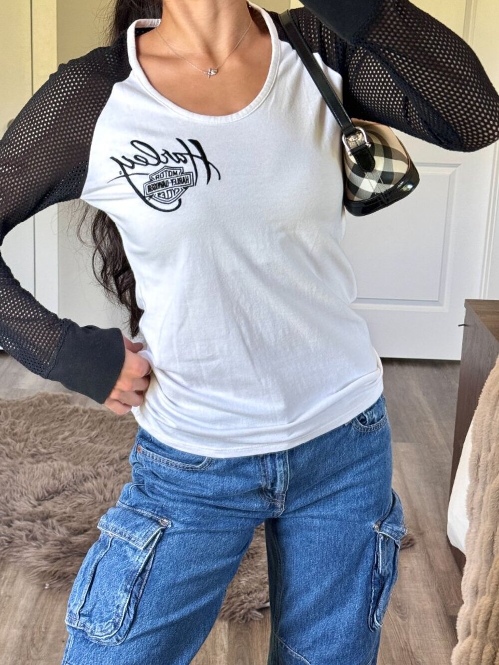 Harley Davidson Womens M White Long Sleeve Top Fishnet Sleeves Grunge Bikercore